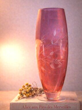 Vintage Cranberry Glass Vase | Etched Floral | Hand Blown 1960s Decor